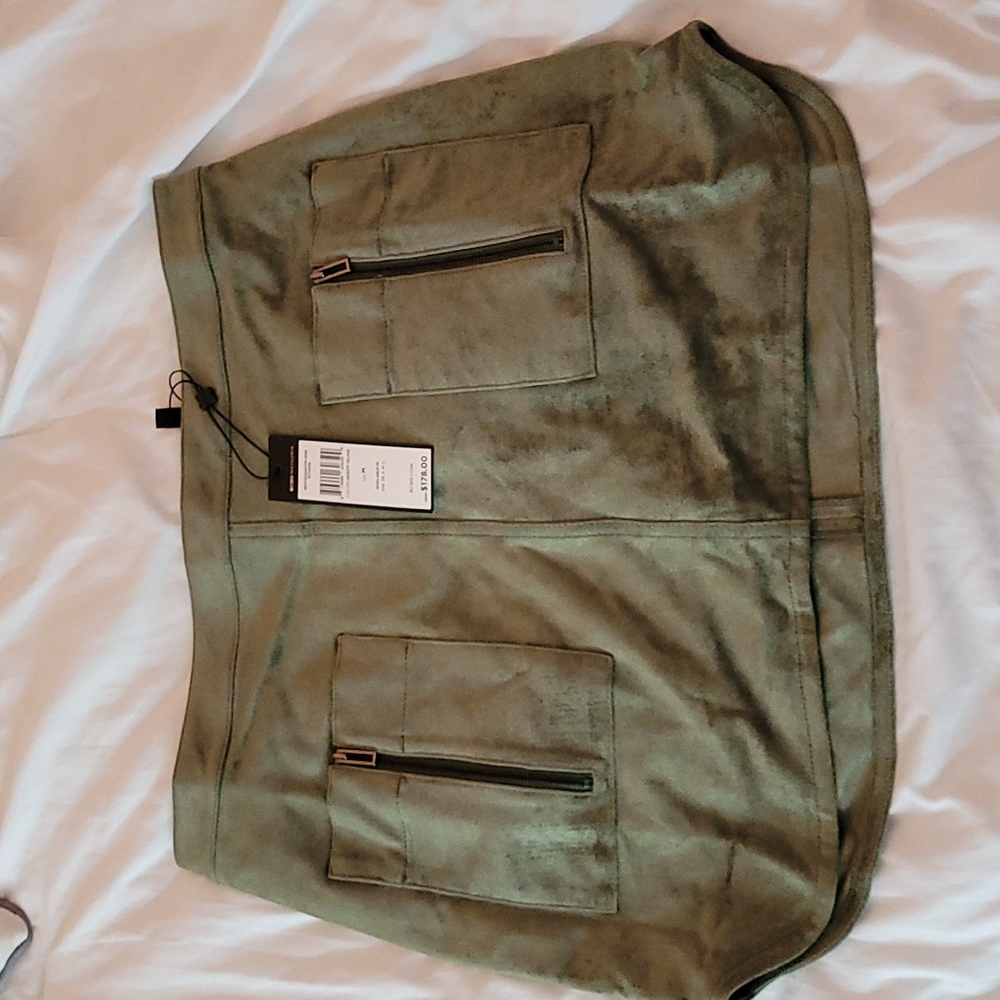 NWT BCBG Maxazria dusty olive, size medium faux suede mini skirt